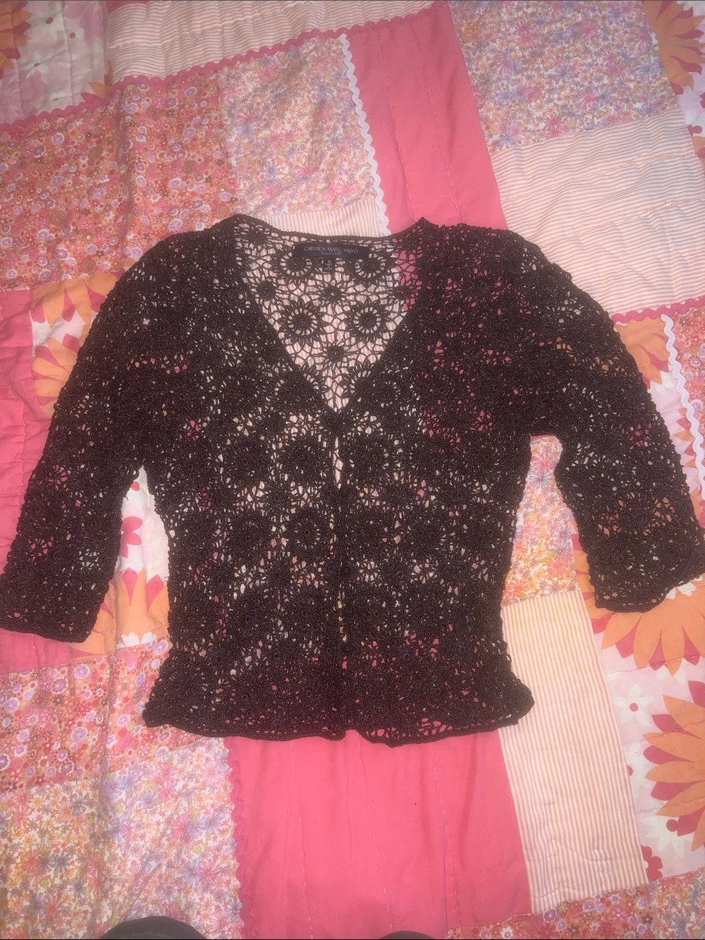 Carmen Marc Valvo Black Crochet V-Neck Sweater